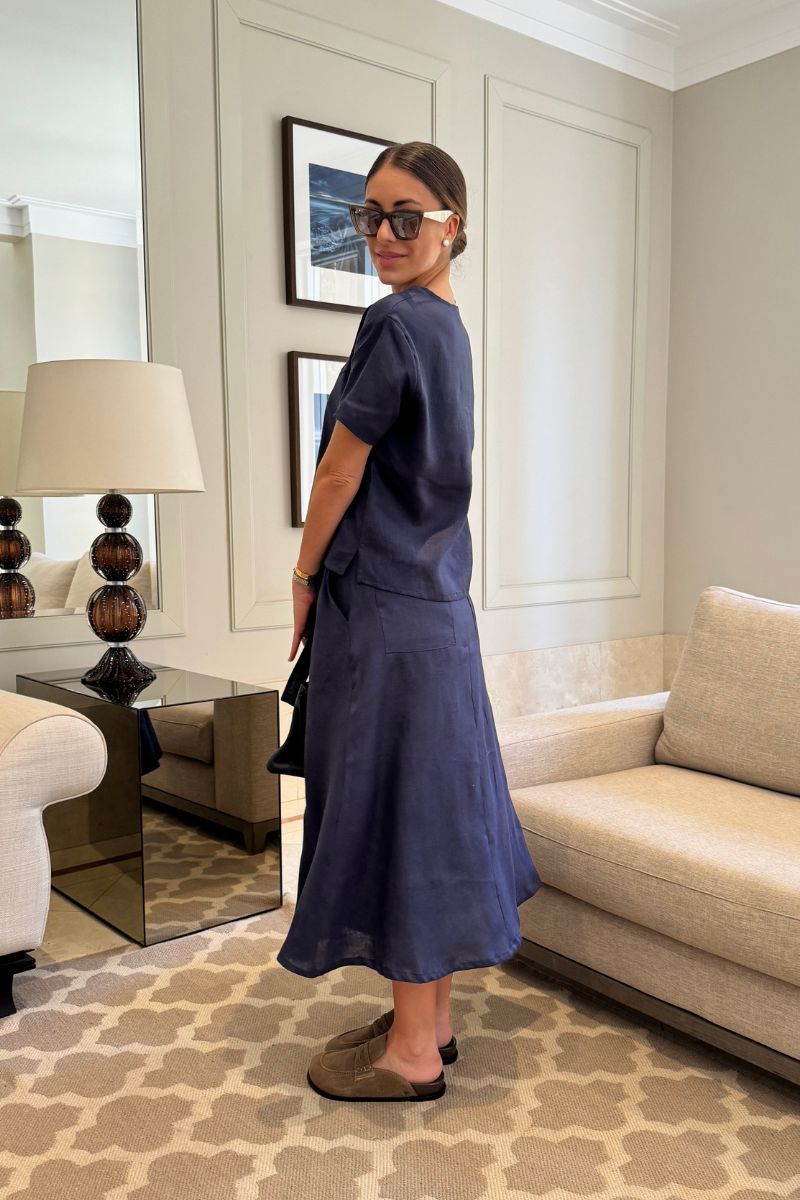 Hidrogênio - 100% NAVY LINEN EVASE MIDI SKIRT - 20020004